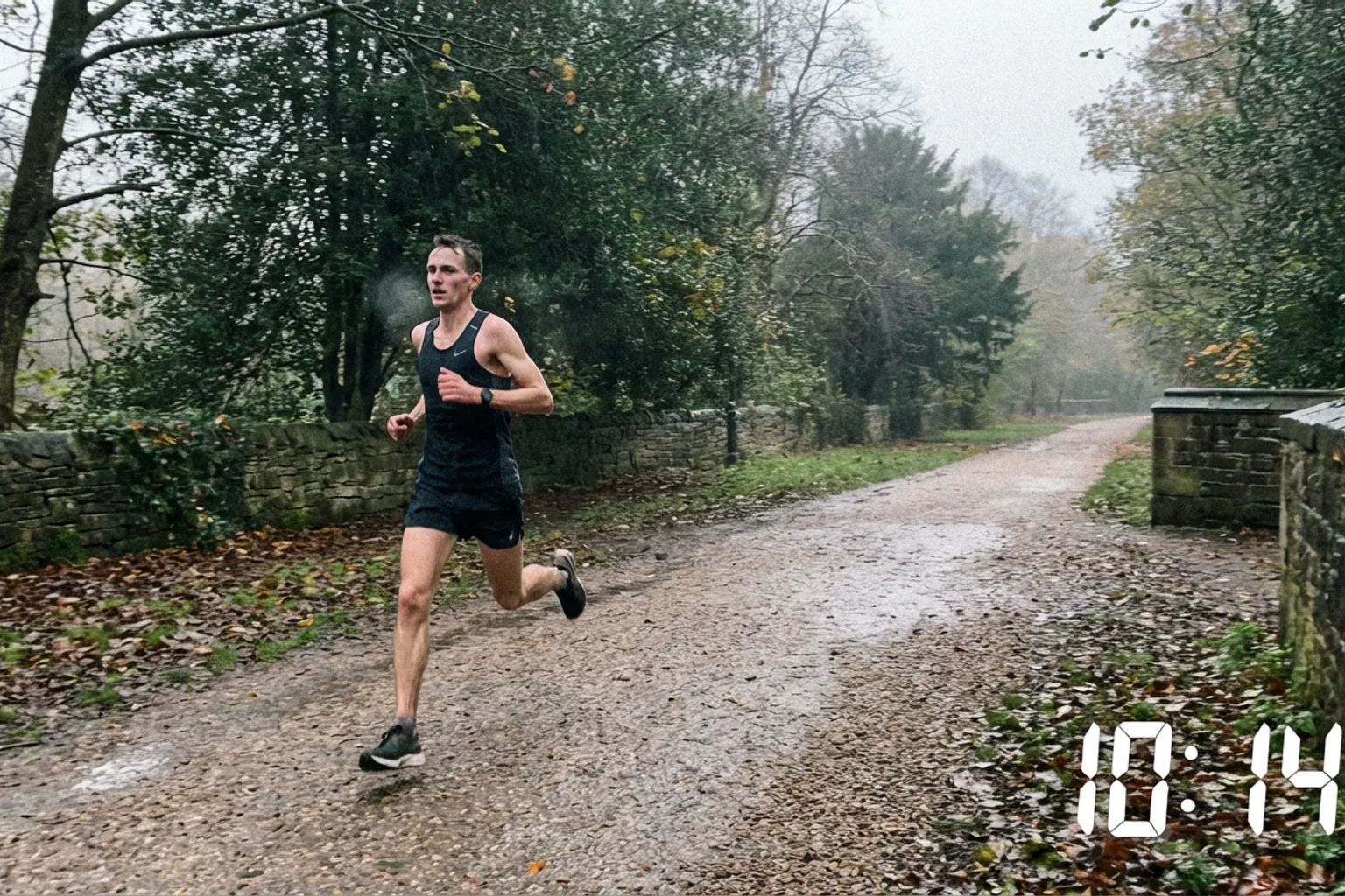Candid iPhone photo of a lean male runner mid-stride on a quiet park path, overcast British morning, natural light, wear