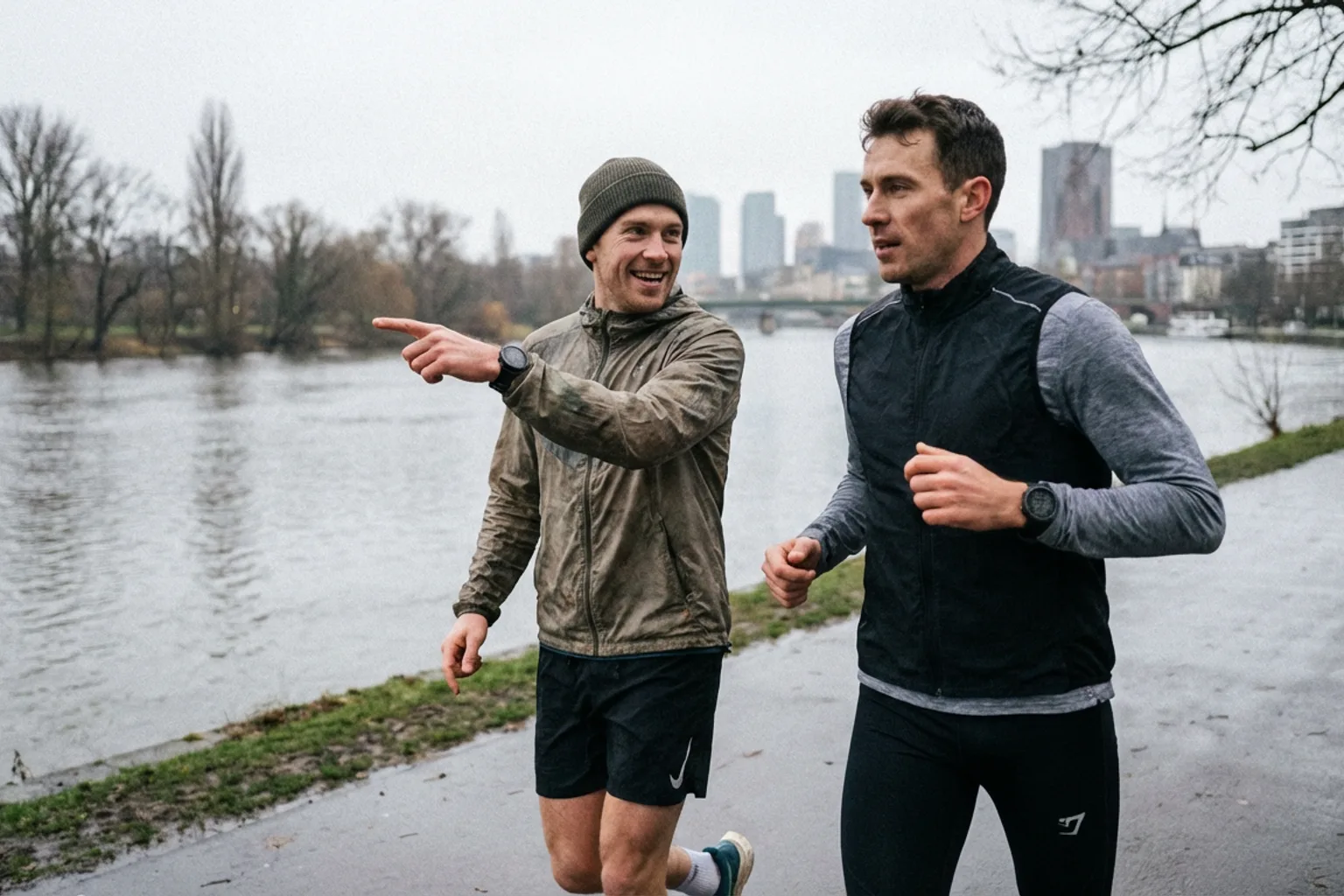 Candid iPhone photo of two athletic runners on a riverside path on a grey morning, both wearing GPS watches, one pointin