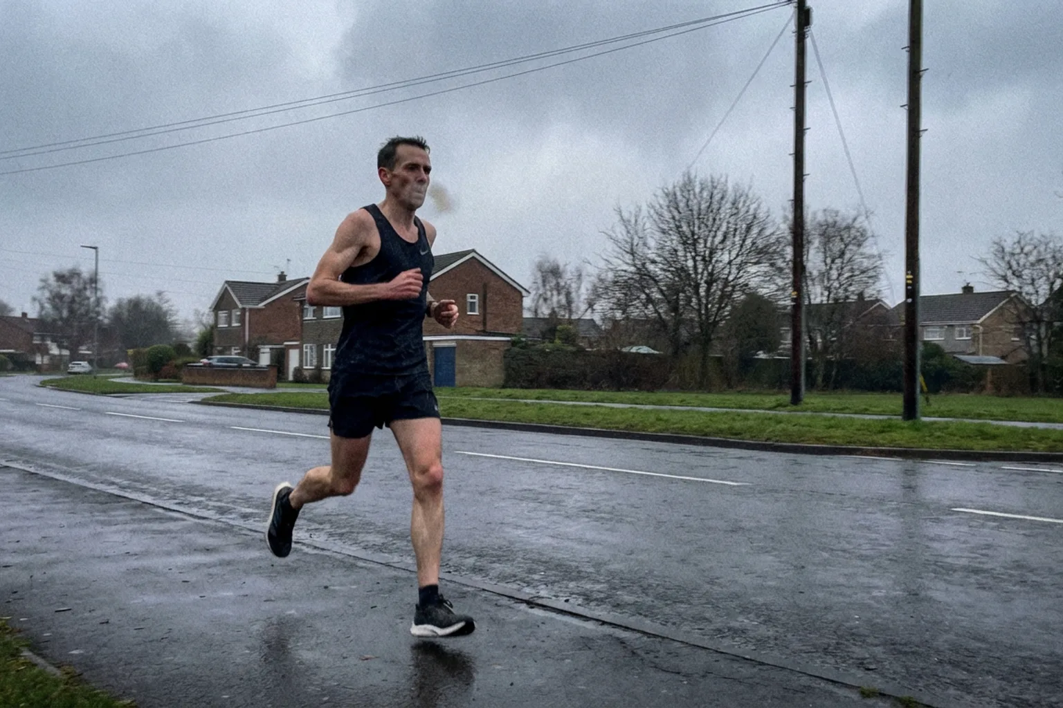 Candid iPhone photo of a lean male runner mid-stride on a quiet road, overcast morning light, wearing a running vest and