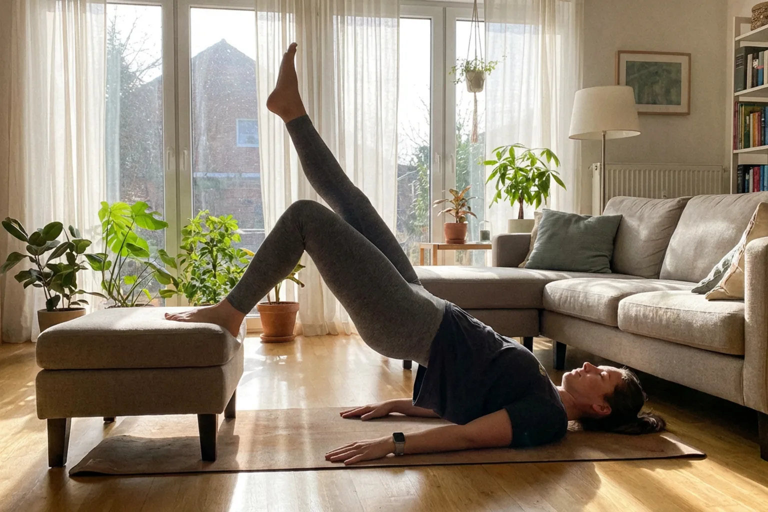 Candid iPhone photo of a lean athletic woman doing single-leg glute bridges on a yoga mat in a bright living room, natur