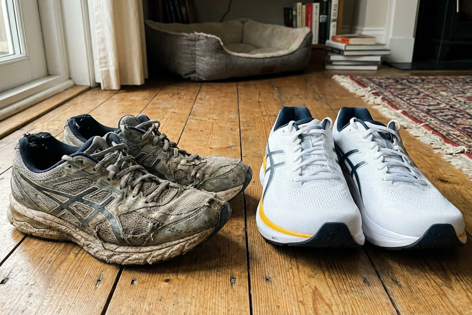 Candid iPhone photo of a pair of worn running shoes on a wooden floor next to a fresh pair, natural window light from th