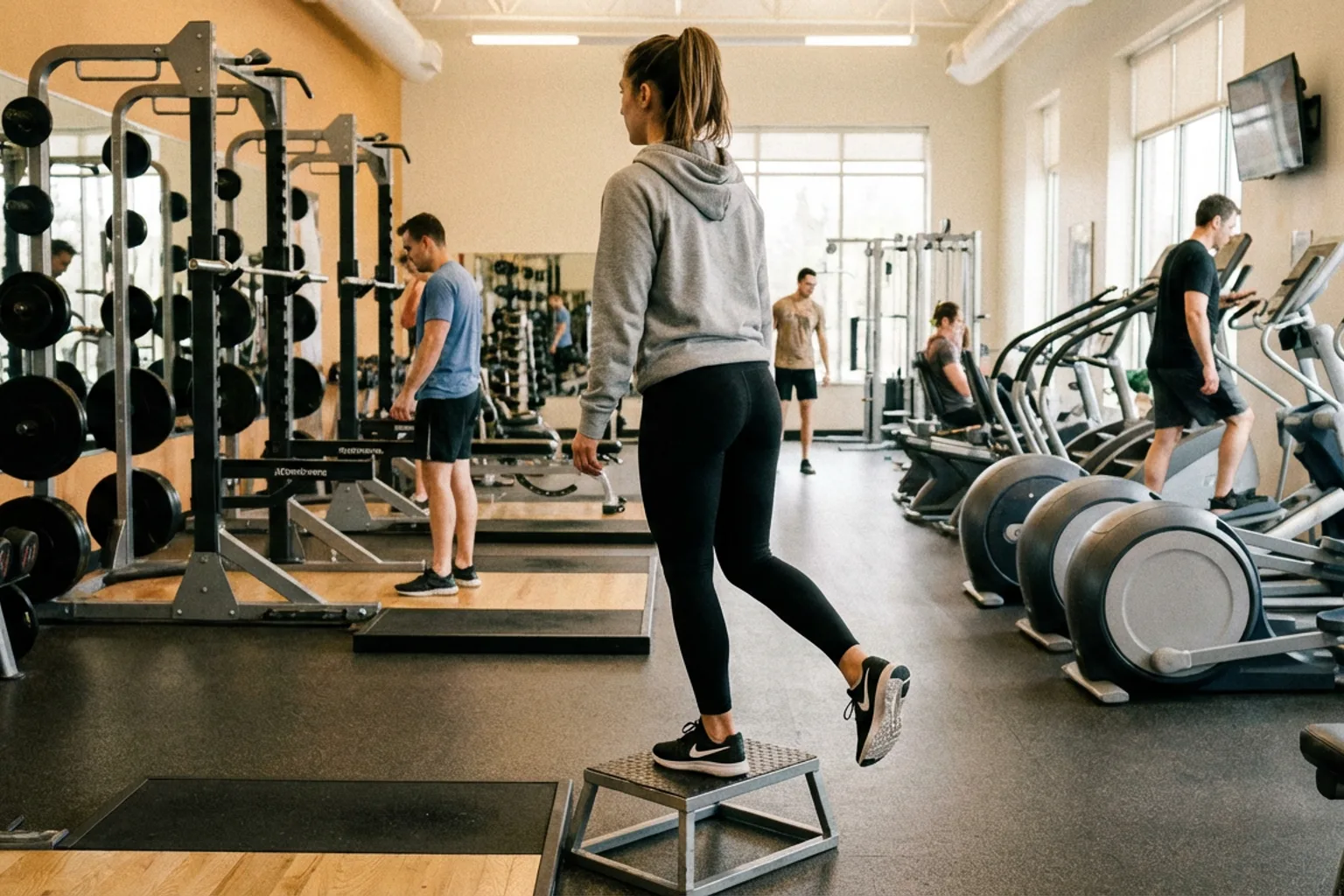 Candid iPhone photo of an athletic woman doing single-leg calf raises on a step in a real gym, natural overhead lighting