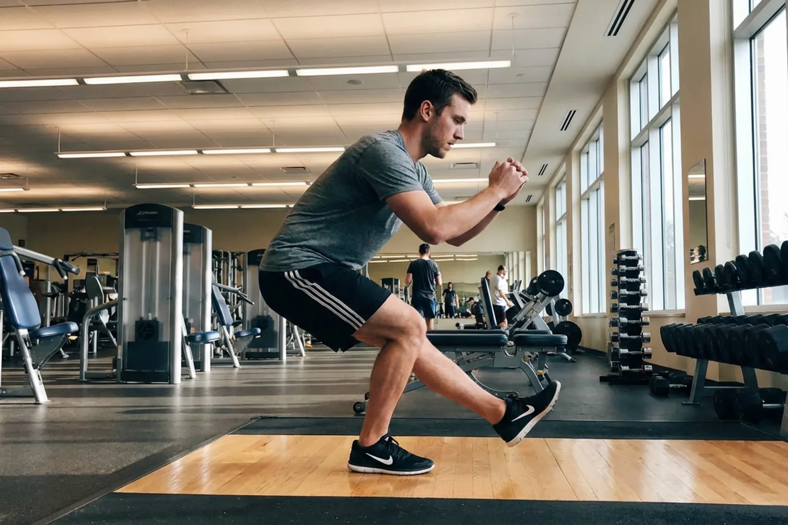 Candid iPhone photo of a fit male runner doing a single-leg squat in a bright gym, natural overhead lighting, wearing sh
