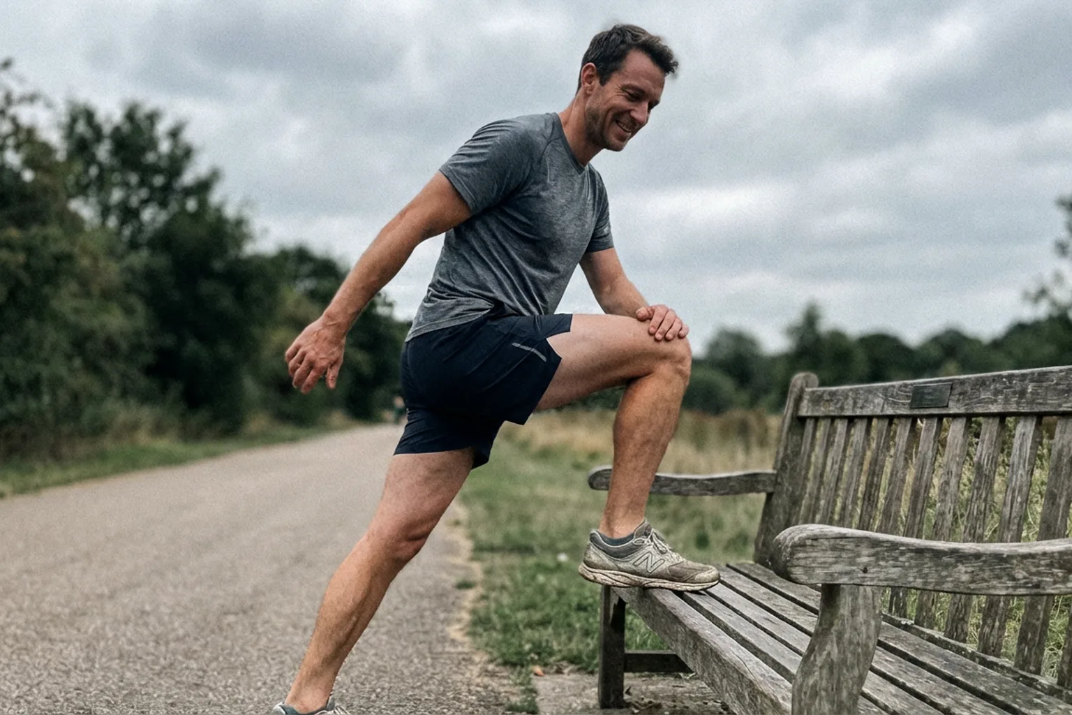 Candid iPhone photo of a fit male runner stretching his hip flexors on a park bench after a run, overcast natural light,