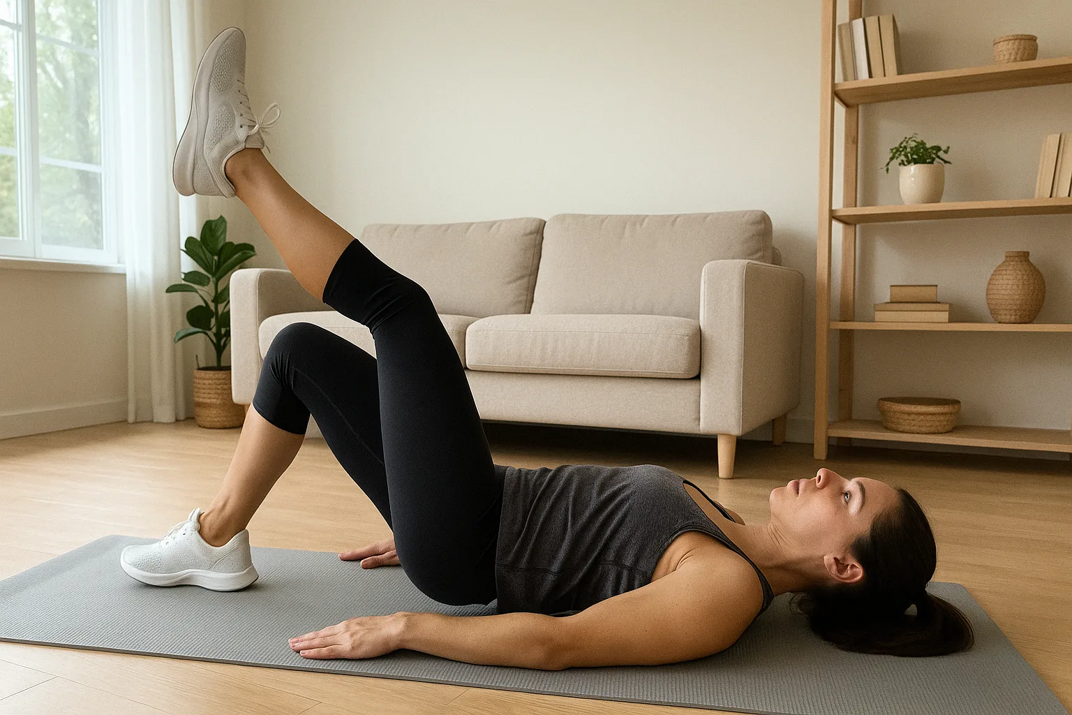 Candid iPhone photo of an athletic woman doing a single-leg glute bridge on a yoga mat in a bright living room, natural light