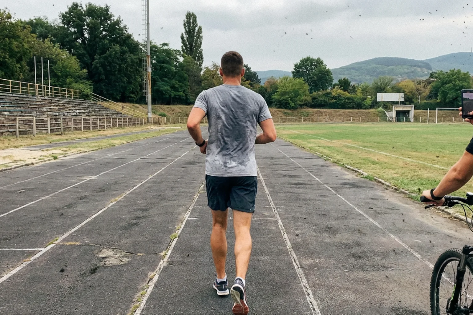 Candid iPhone photo of an athletic male runner being filmed from behind on a running track, slightly off-centre framing,