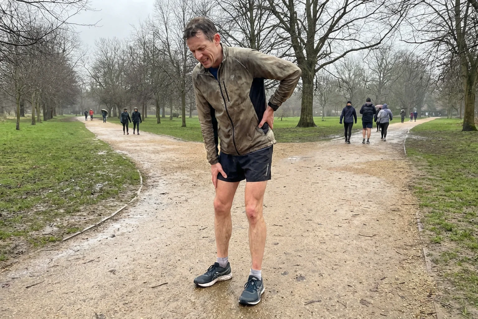 Candid iPhone photo of a lean male runner pausing on a park path holding his lower back and left buttock, slightly grima