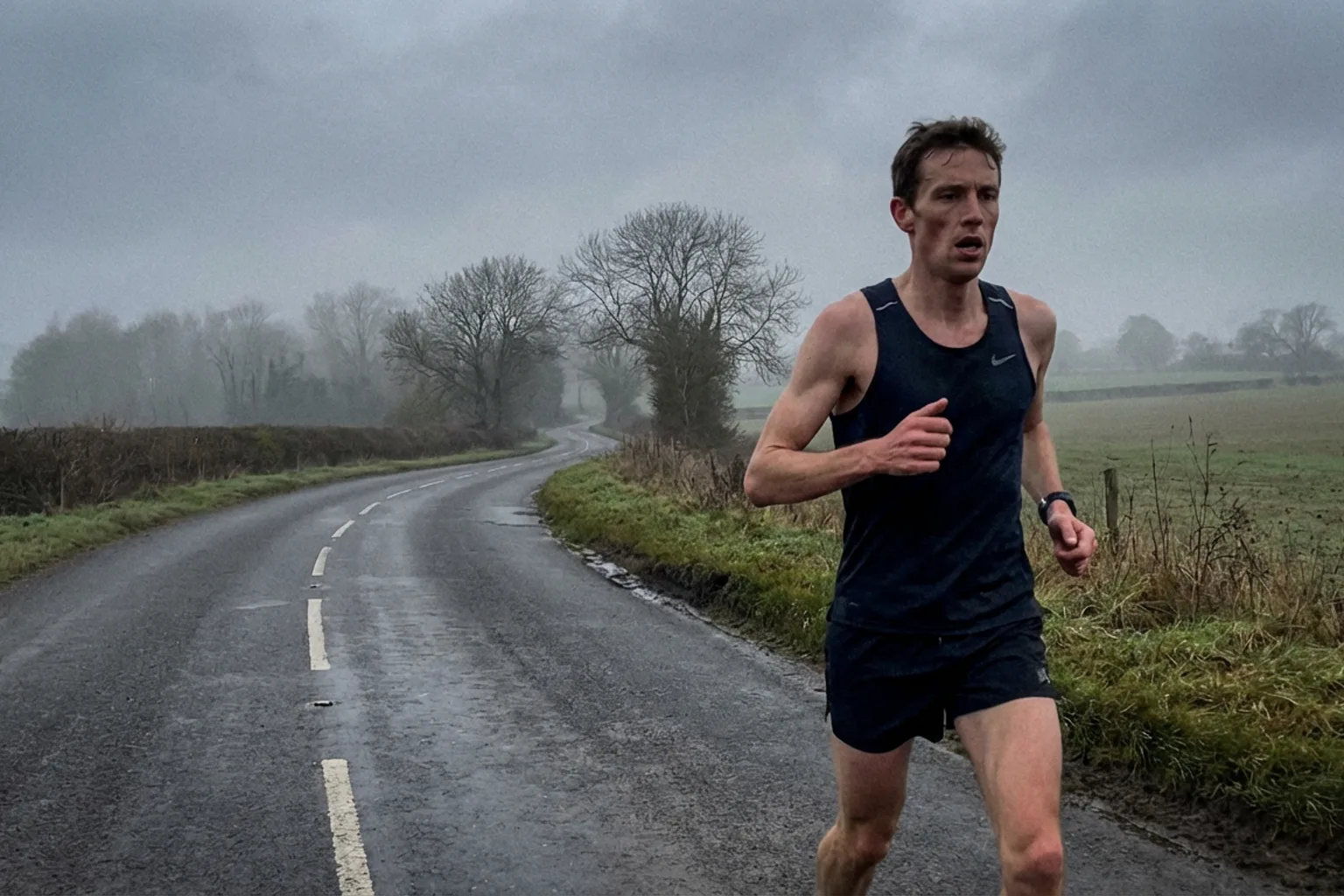 Candid iPhone photo of a lean male runner on a quiet country road, overcast morning light, wearing a running vest and sh