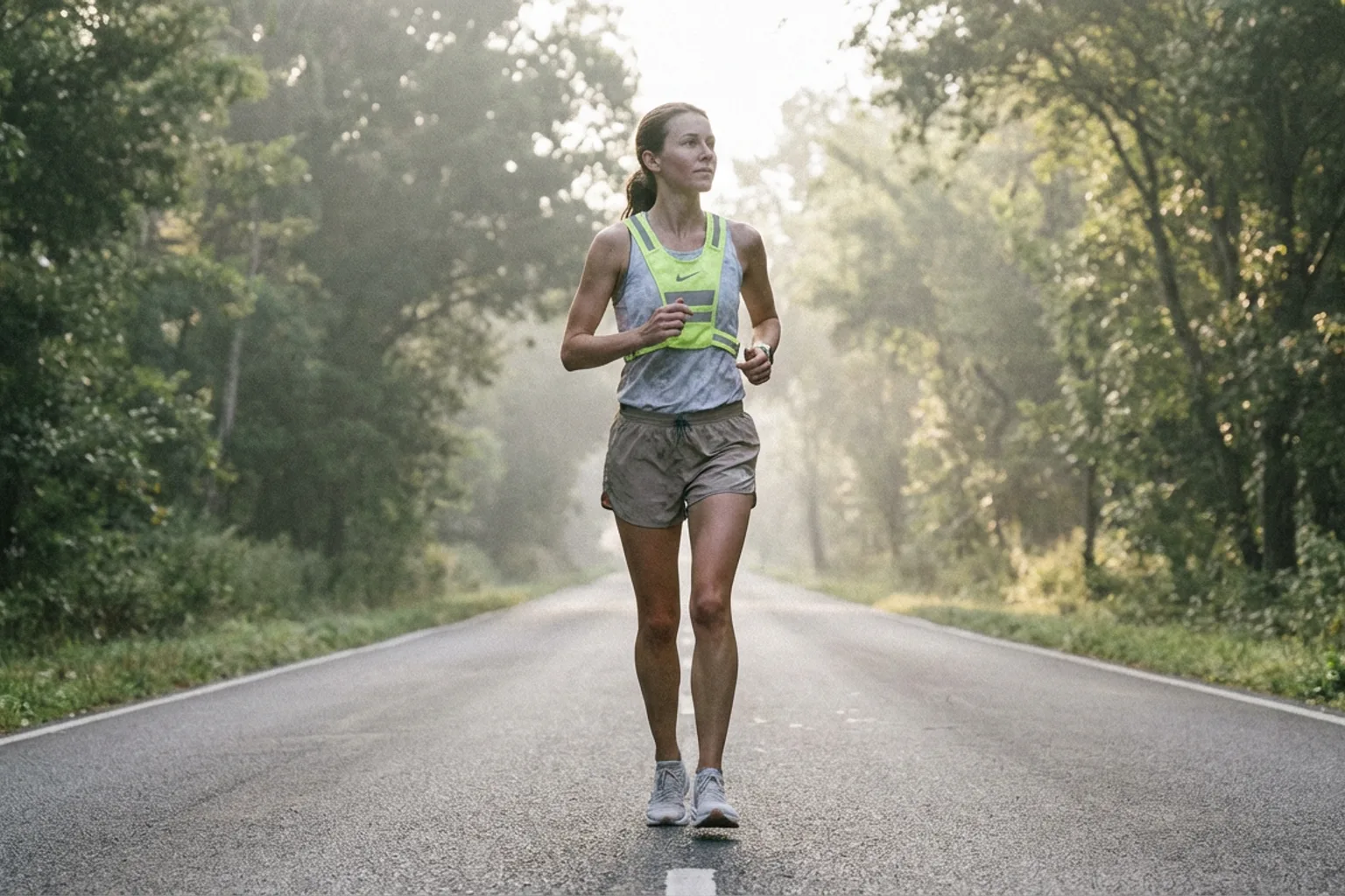 Candid iPhone photo of a lean female runner doing a light warm-up jog on a quiet road, morning light, no dramatic shadow