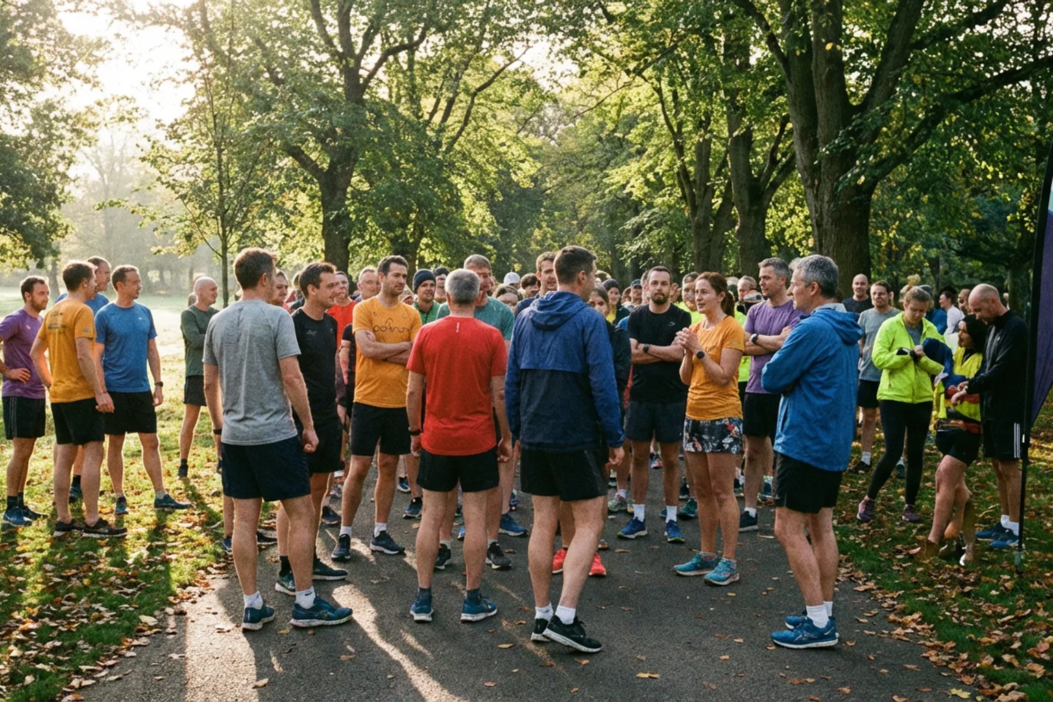 Candid iPhone photo of a group of runners at the start of a local parkrun event, morning light, casual running gear, rea