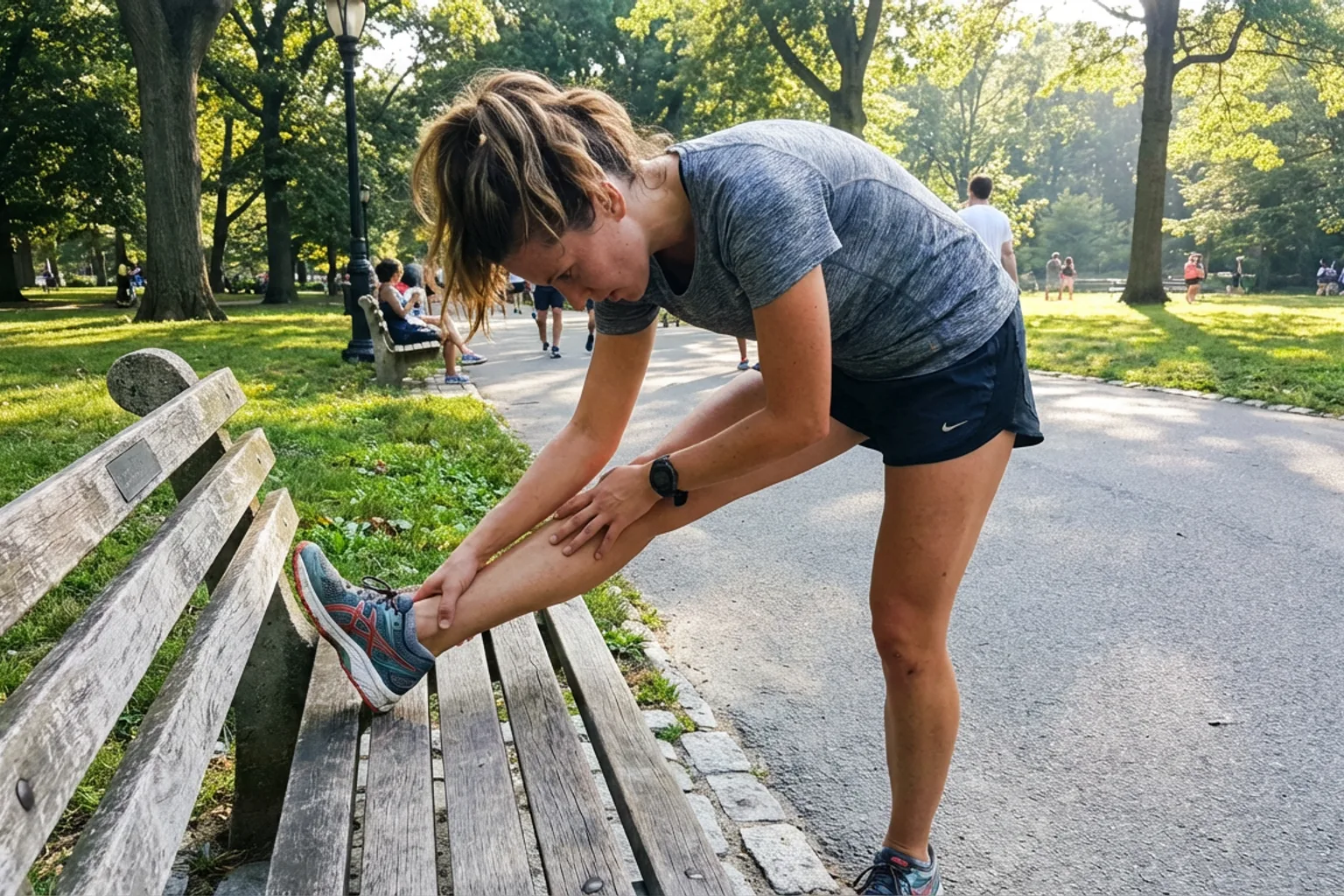 Candid iPhone photo of an athletic female runner stretching her legs on a park bench after a run, natural daylight, casu
