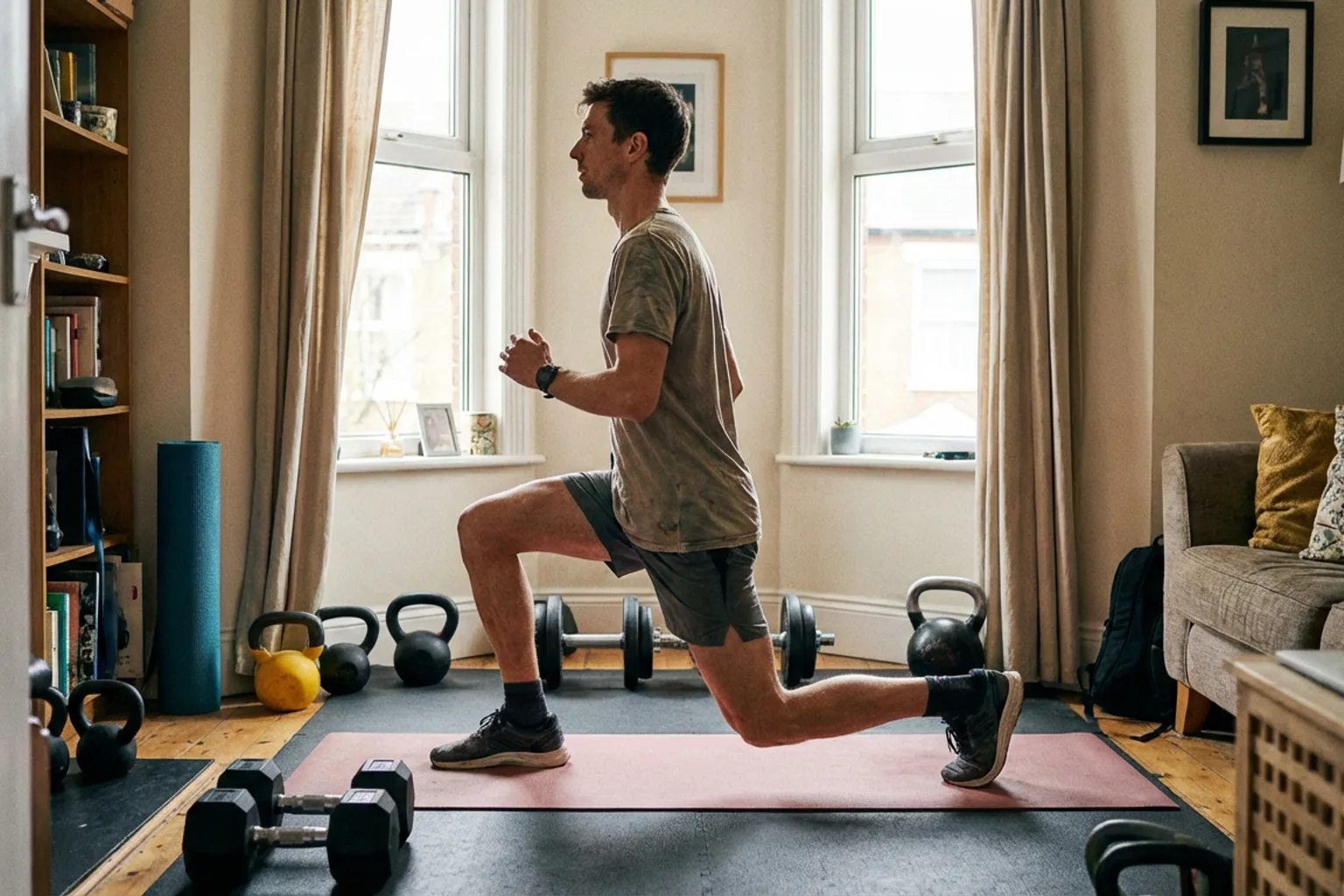 Candid iPhone photo of a lean male runner doing a split squat in a small home gym, natural window light, dumbbells on th