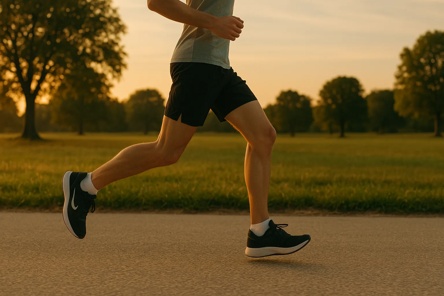 Wide landscape shot of a runner's legs mid-stride on a flat park path, shot from the side at ground level showing short 