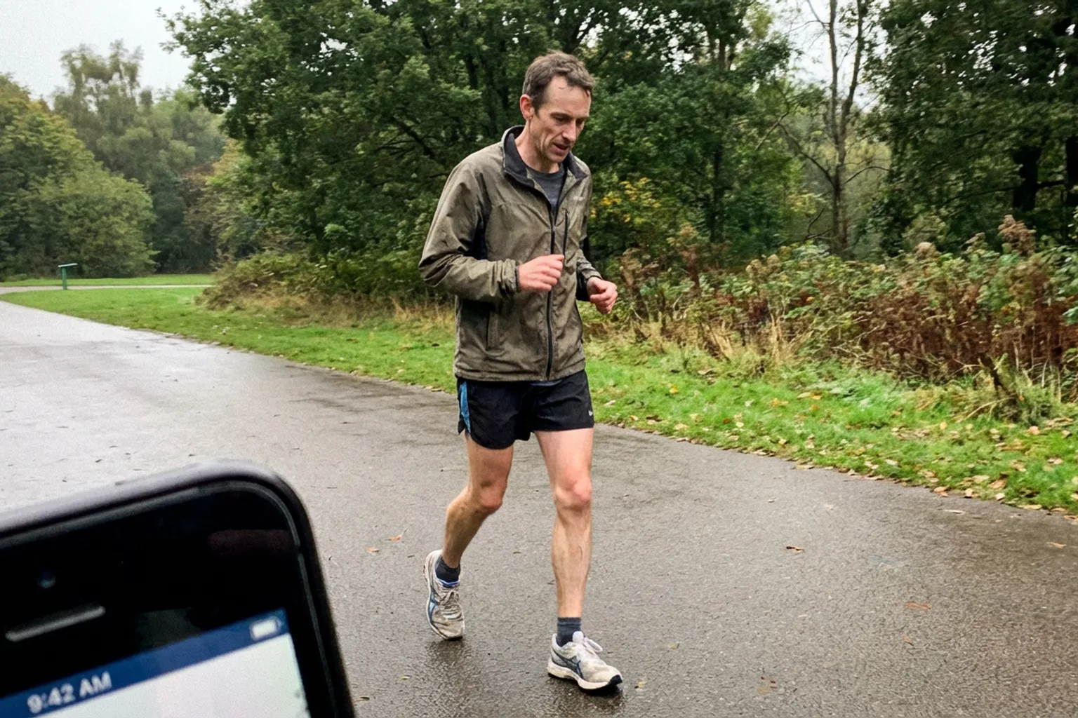 Candid iPhone photo of a lean male runner jogging slowly on a flat tarmac path in a park, slightly cautious posture, wea