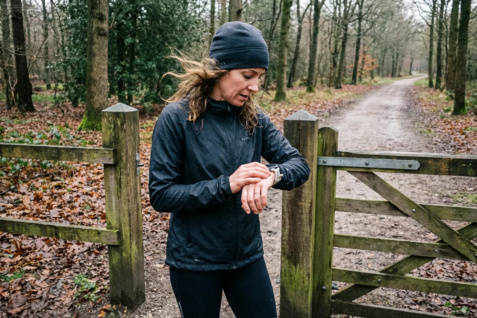Candid iPhone photo of an athletic woman checking her running watch at a park gate, overcast daylight, casual running ki