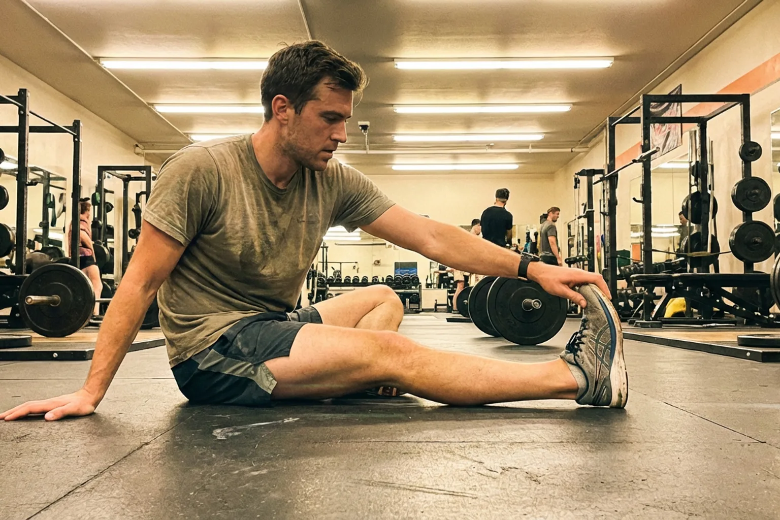Candid iPhone photo of a male runner doing a seated foot stretch on a gym floor, pulling toes back gently, natural overh
