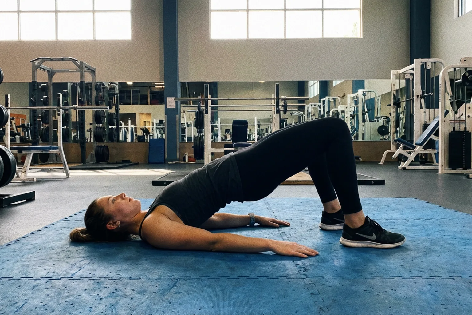 Candid iPhone photo of an athletic woman performing a glute bridge on a gym mat, natural overhead lighting, real gym env