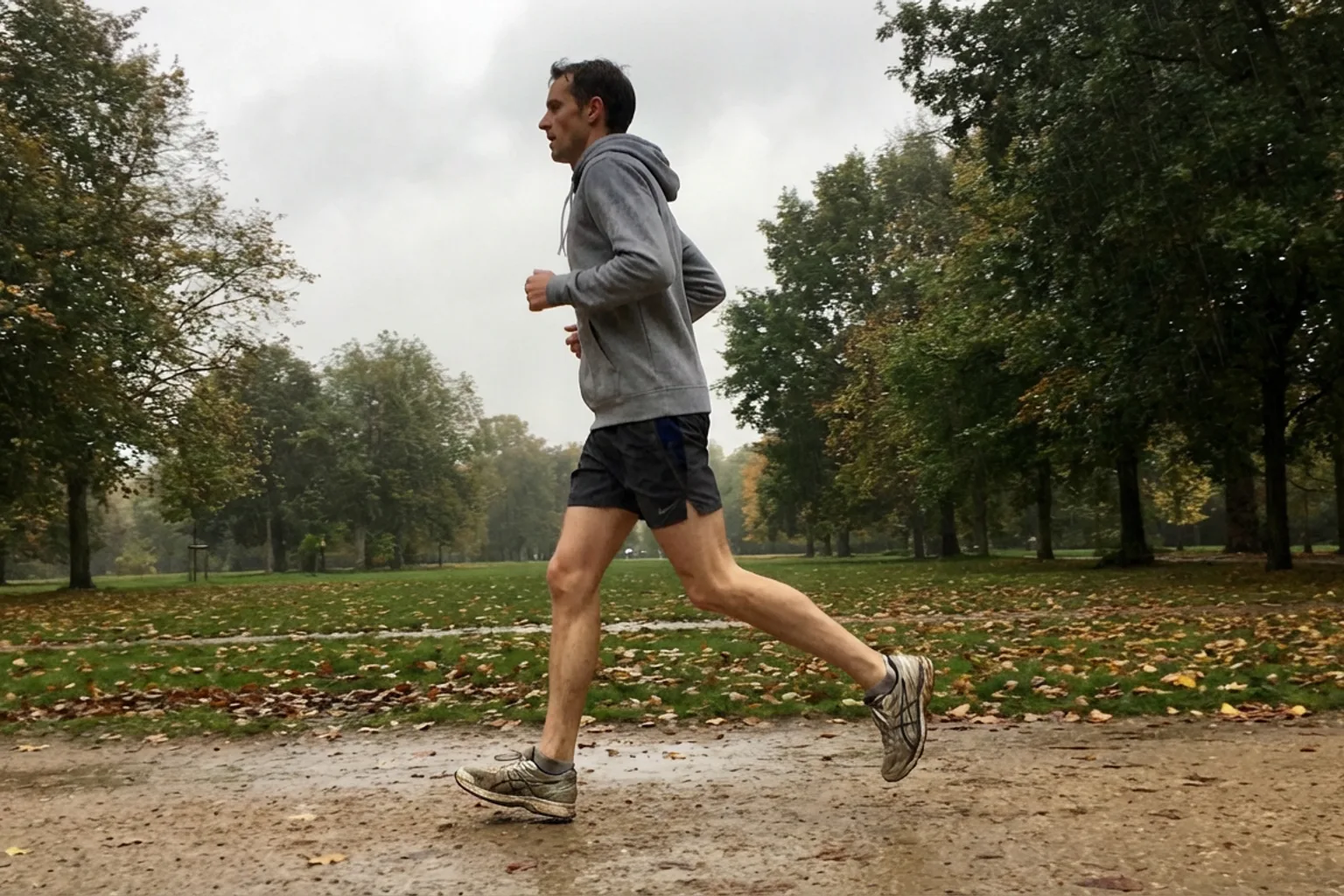 Candid iPhone photo of a lean male runner mid-stride on a park path, overcast day, natural light, slightly off-centre fr
