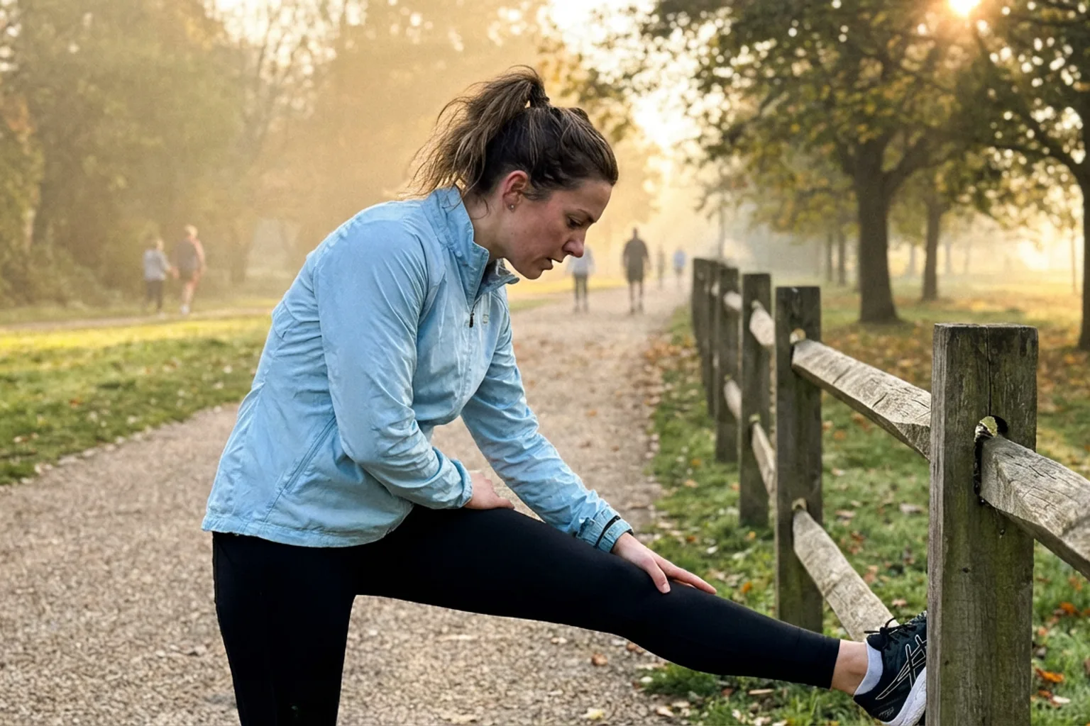 Candid iPhone photo of a female runner stretching and warming up on a park path before a run, morning light, wearing a l