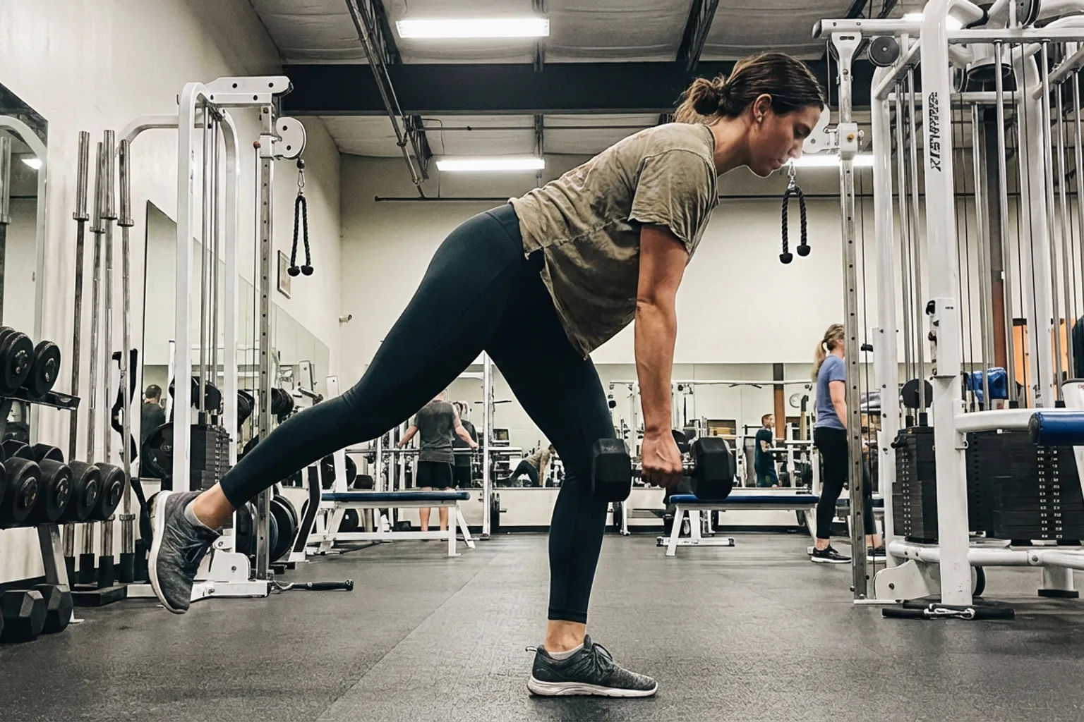 Candid iPhone photo of an athletic woman doing single-leg deadlifts in a real gym, natural overhead lighting, other gym 