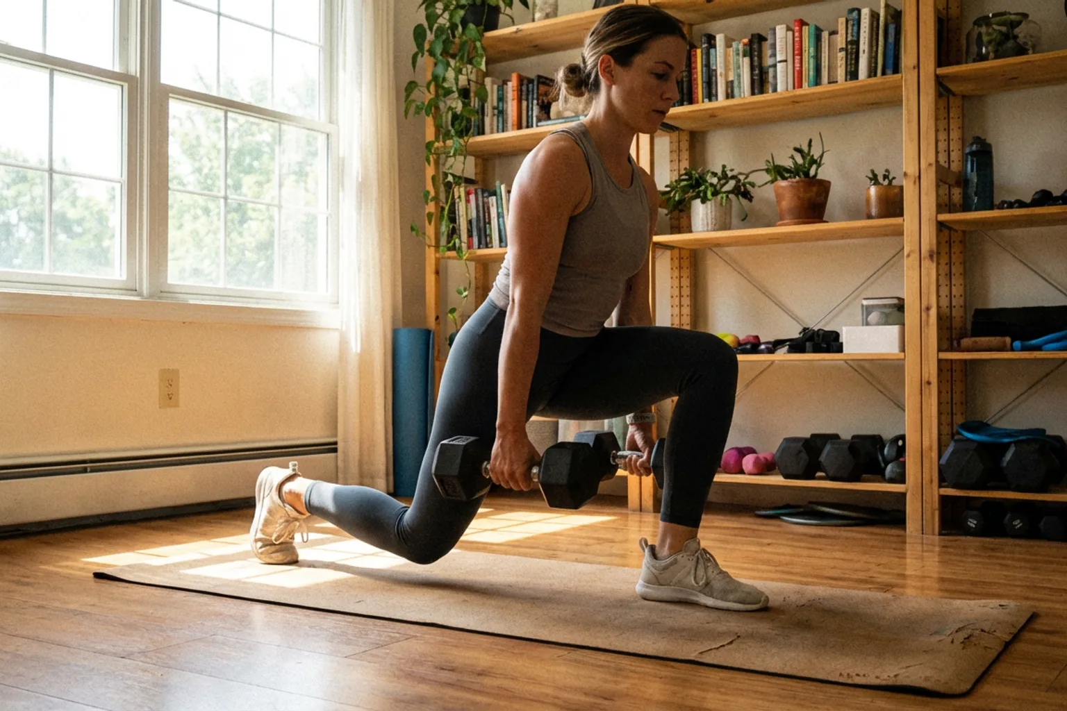 Candid iPhone photo of an athletic woman performing a Bulgarian split squat with dumbbells in a bright home gym, natural