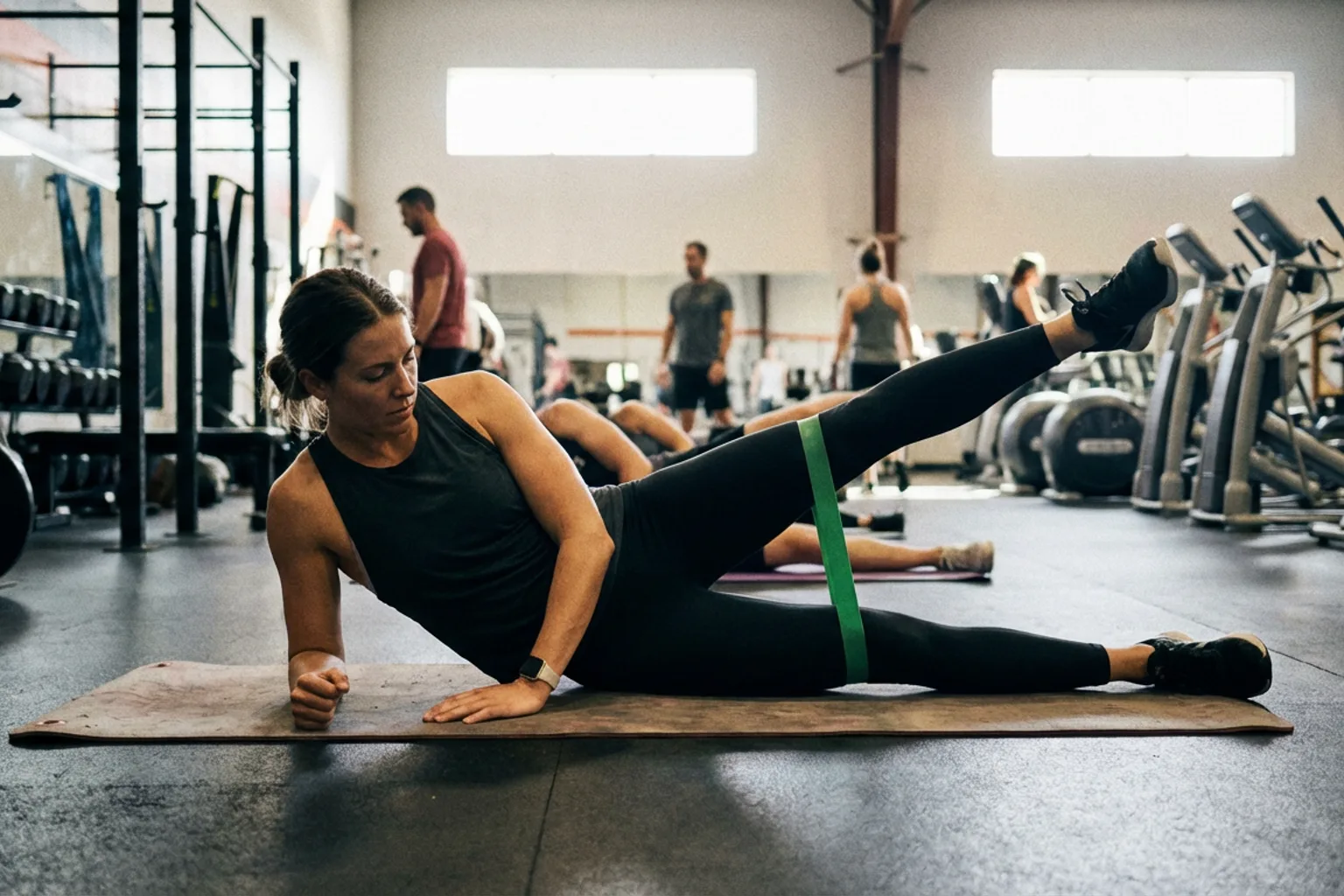 Candid iPhone photo of an athletic woman doing side-lying hip abduction with a resistance band on a gym mat, natural ove