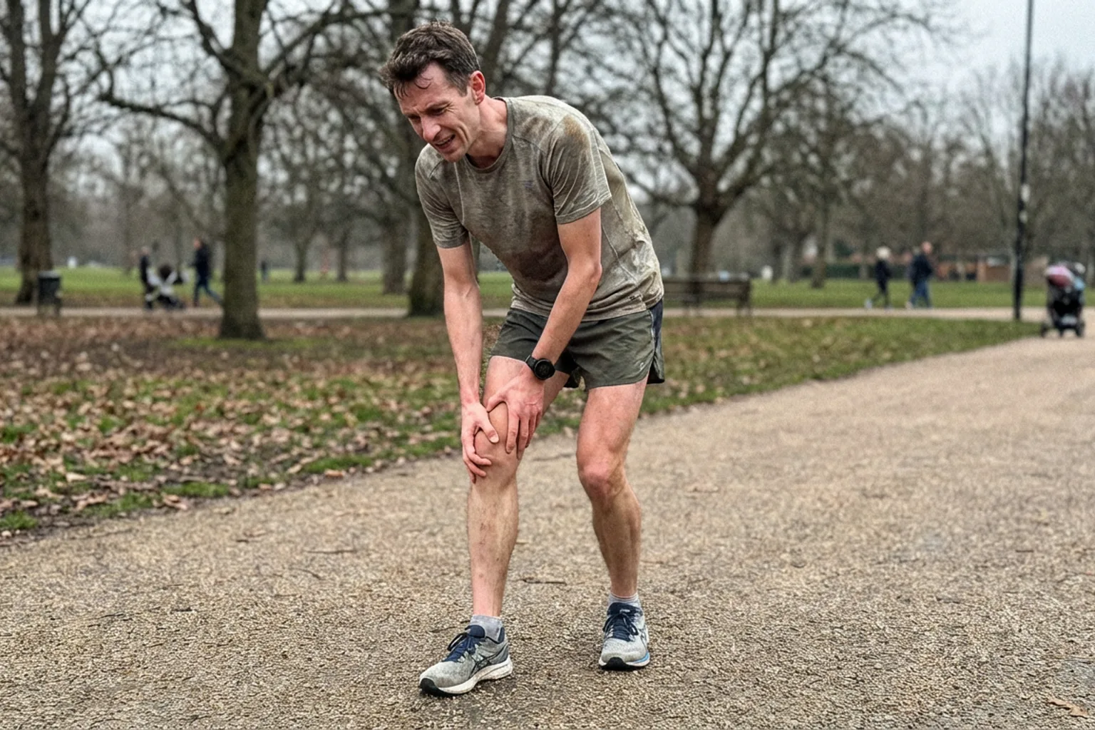 Candid iPhone photo of a lean male runner holding his outer knee on a park path, slightly grimacing, overcast natural li