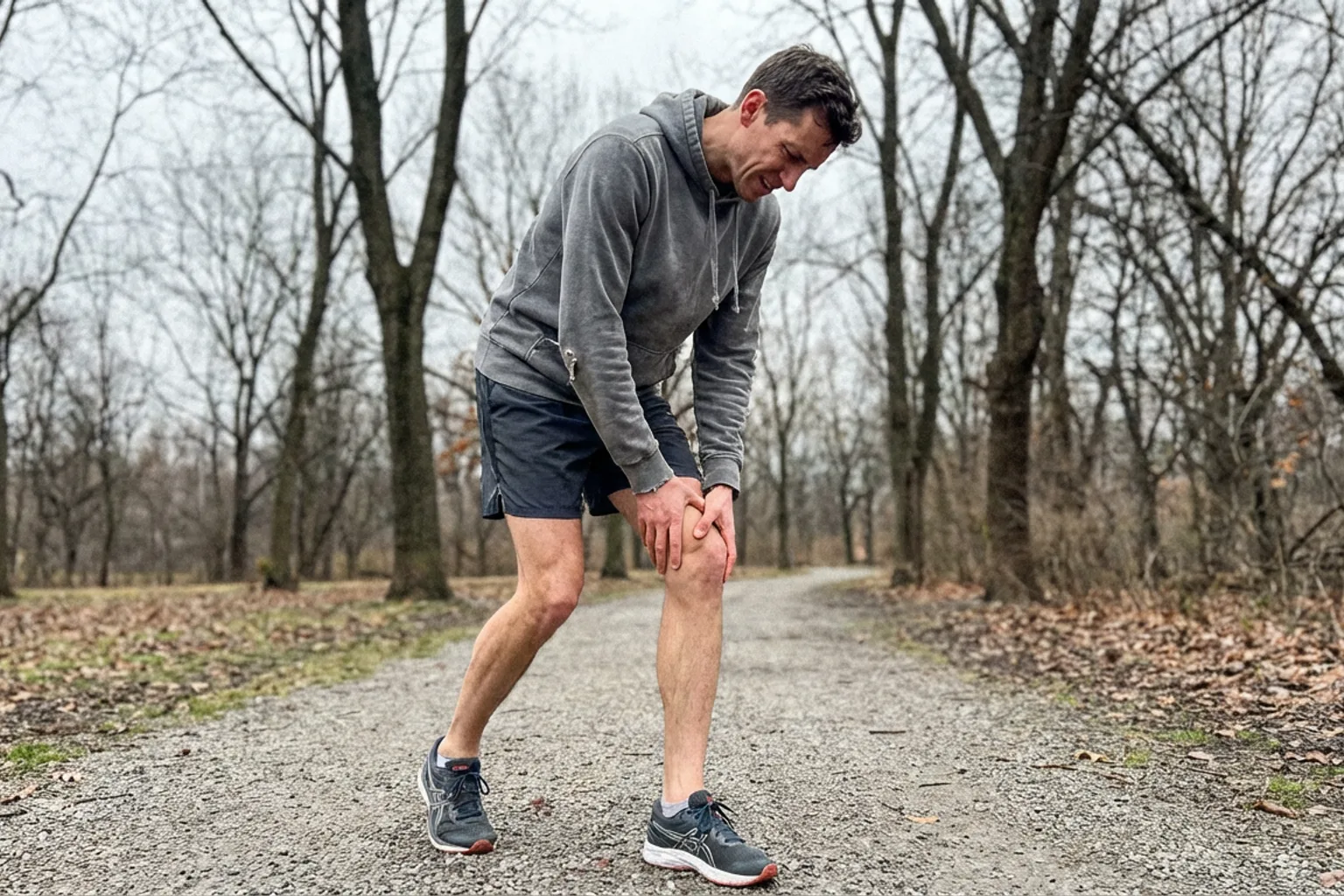 Candid iPhone photo of a lean male runner pausing on a park path to hold his knee, slightly grimacing, overcast daylight