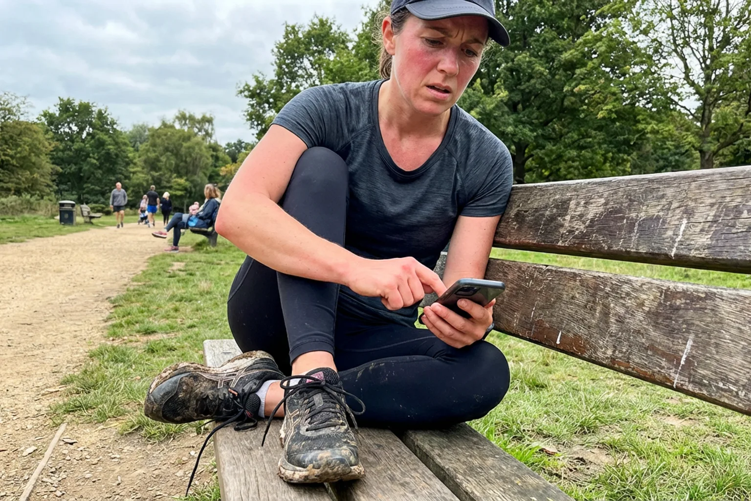 Candid iPhone photo of an athletic woman sitting on a park bench after a run, looking at her phone with running shoes vi