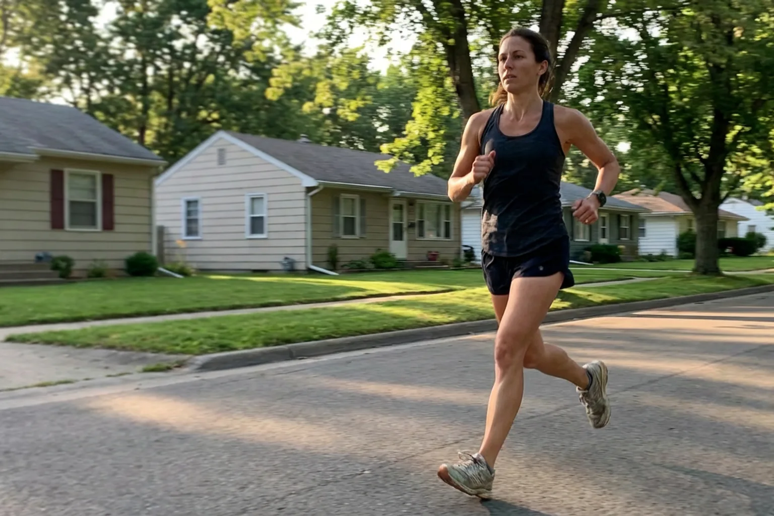 Candid iPhone photo of a fit female runner on a quiet suburban pavement, mid-stride, natural daylight, slightly off-cent
