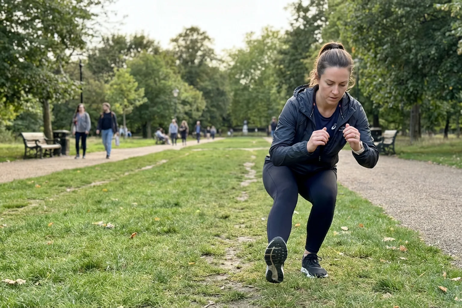 Candid iPhone photo of an athletic woman doing single-leg squats on a grass park path, natural daylight, real outdoor ba