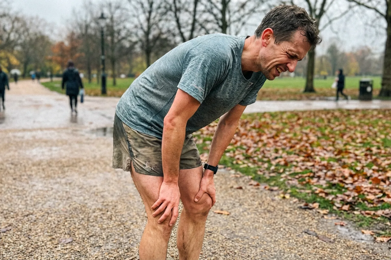 Candid iPhone photo of a lean male runner holding his knee on a park path, slightly grimacing, overcast natural light, w