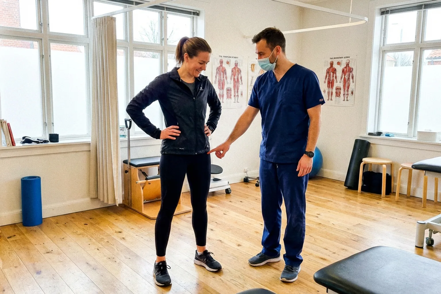 Candid iPhone photo of a fit female runner talking to a physiotherapist in a bright clinic room, the physio is pointing 