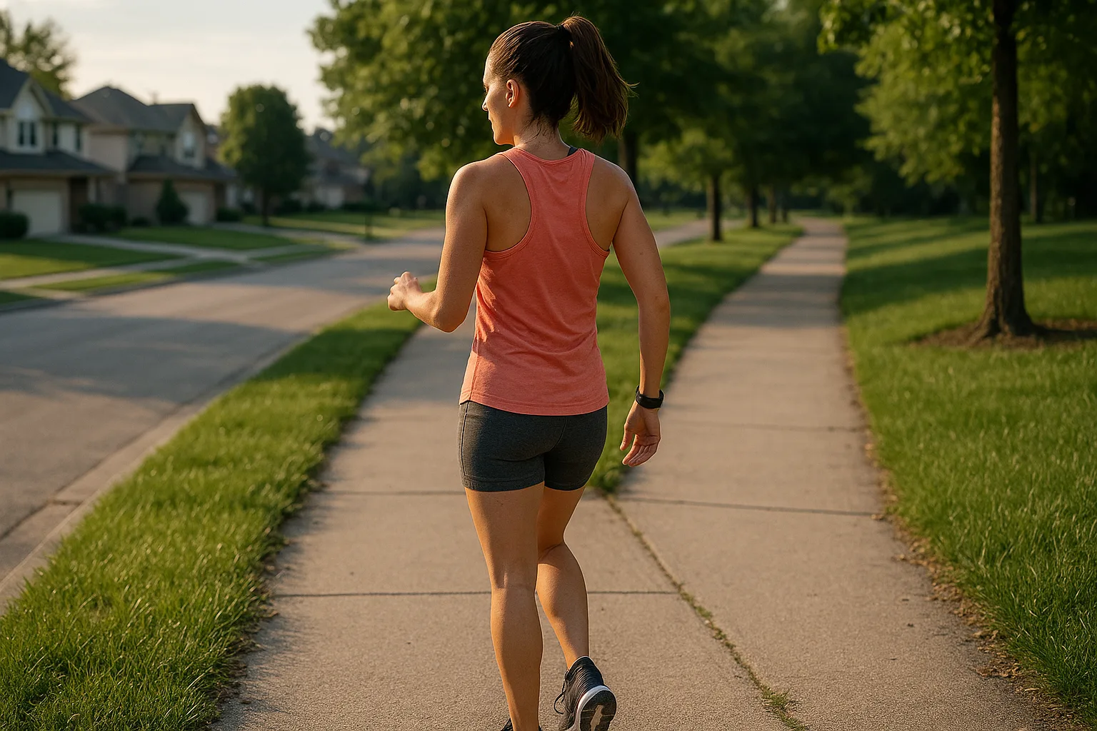 Candid iPhone photo of a fit female runner doing a walk-run on a suburban path, natural morning light, wearing a running vest and shorts, 16:9 landscape