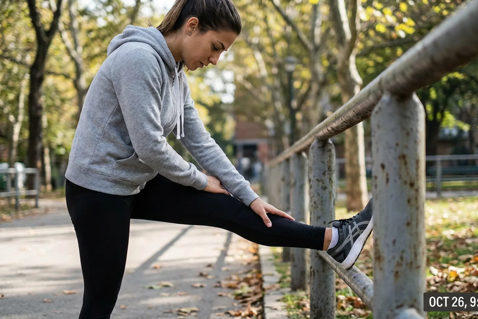 Candid iPhone photo of an athletic woman stretching her calf against a park railing, natural daylight, casual running ge