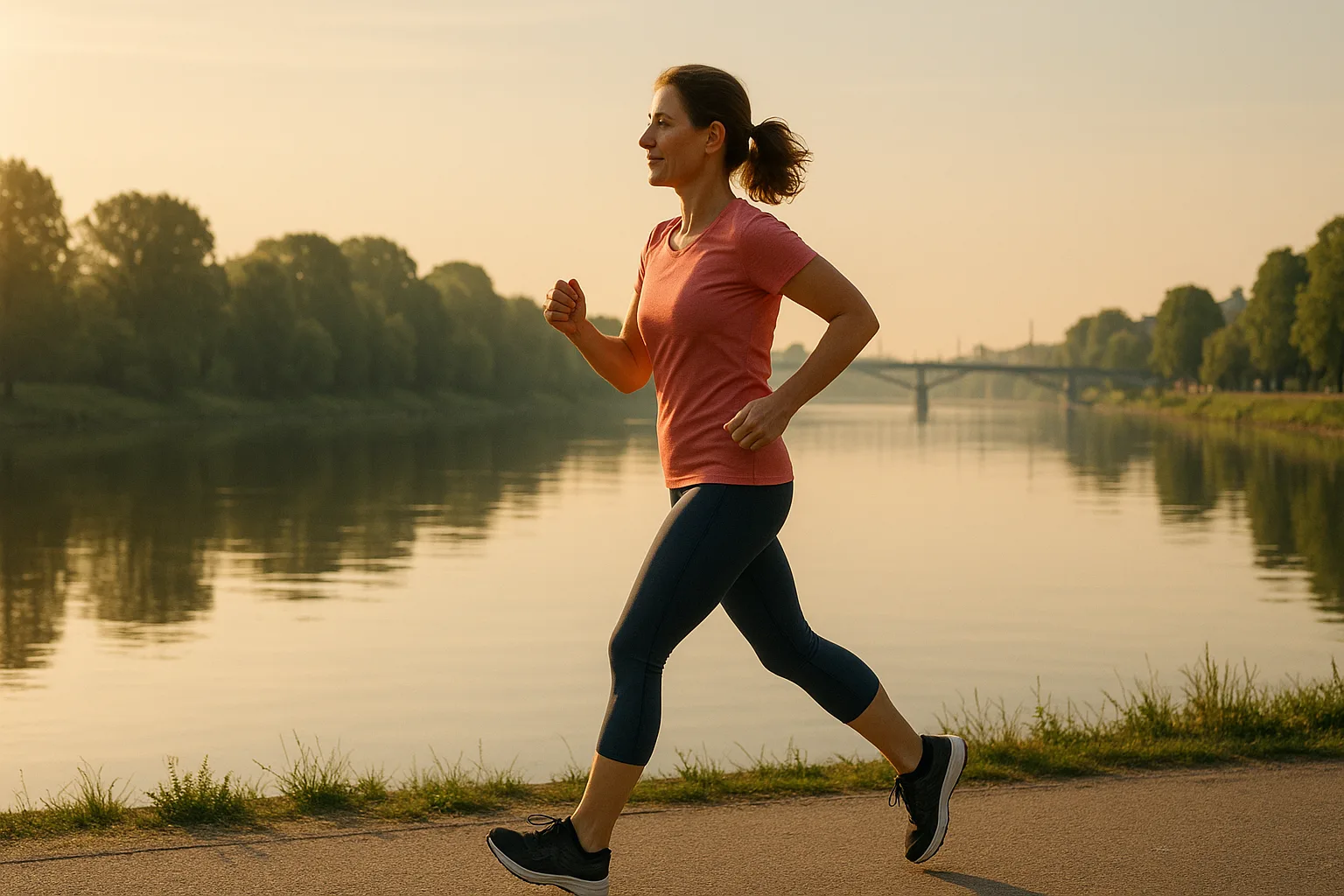 Wide landscape shot of a female runner in her 40s running on a flat riverside path in morning light, relaxed and confide