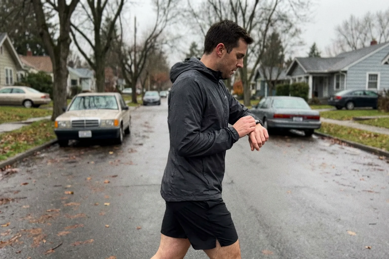 Candid iPhone photo of a male runner checking his watch during a slow jog on a residential street, overcast daylight, we