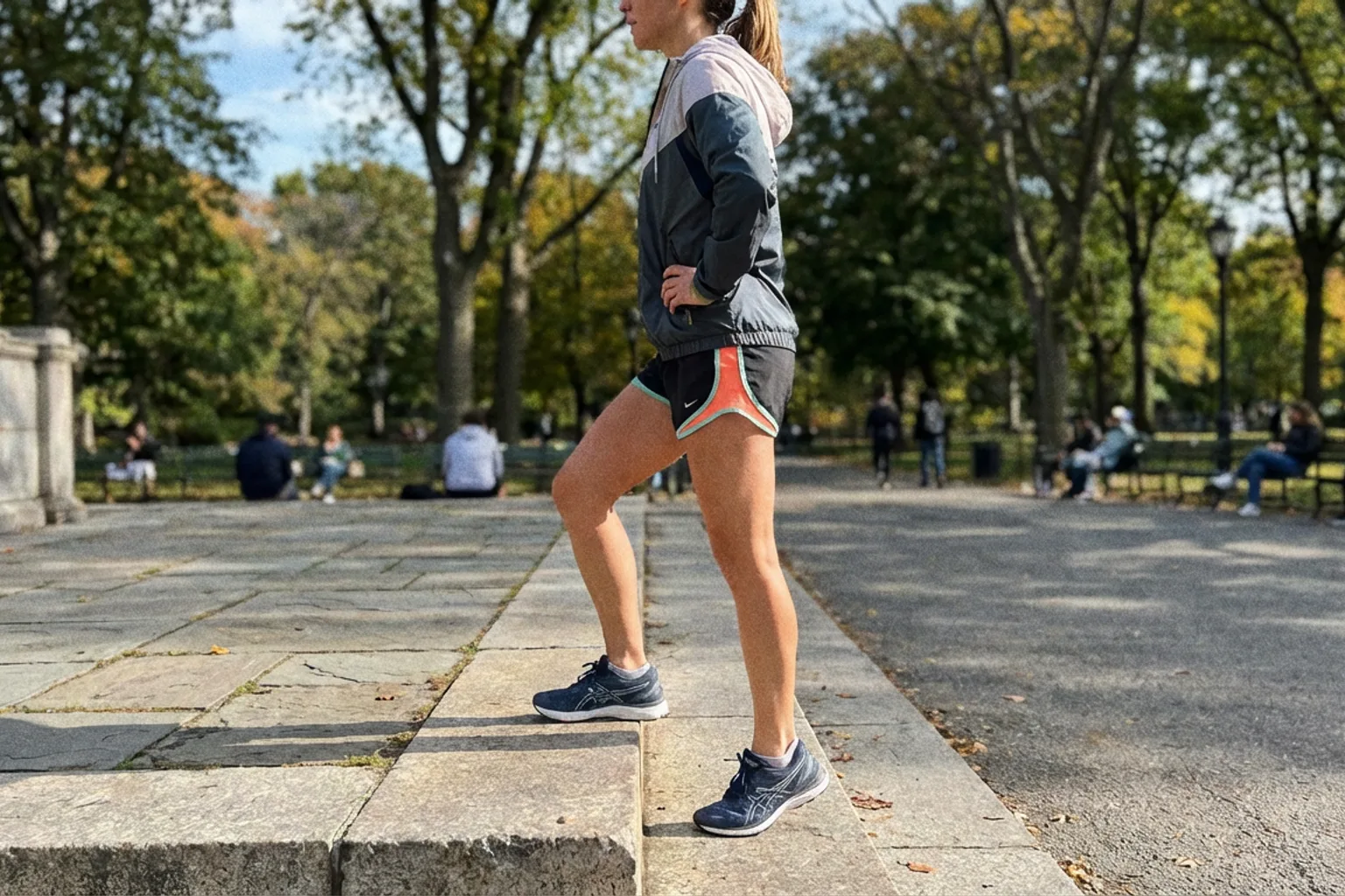Candid iPhone photo of an athletic woman doing calf raises on a step outdoors, natural daylight, casual running gear, sl