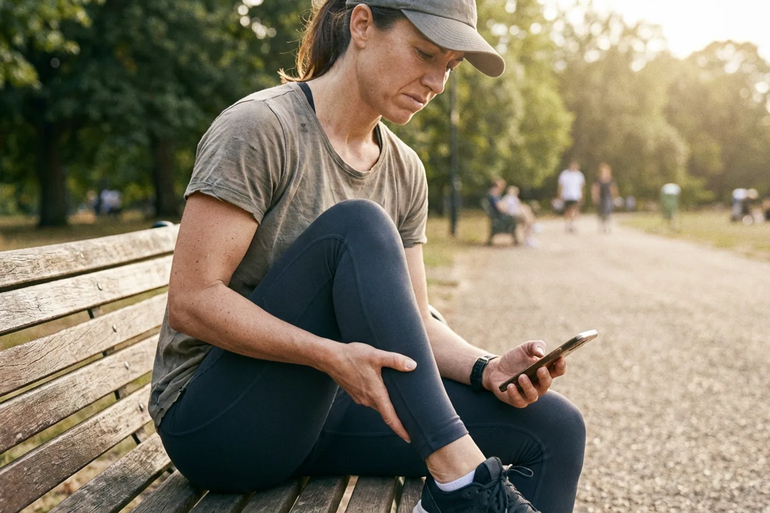 Candid iPhone photo of a fit female runner sitting on a park bench looking at her phone, holding her lower leg, slightly