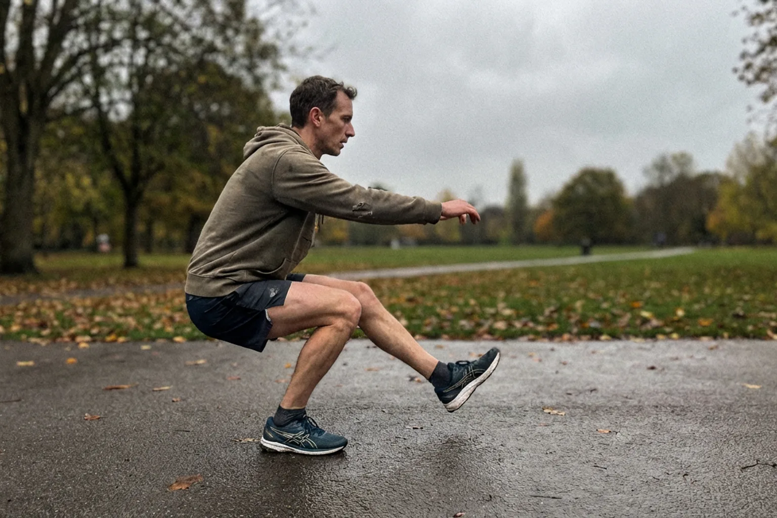 Candid iPhone photo of a lean male runner doing a single-leg squat on a park path, overcast day, natural light, wearing 