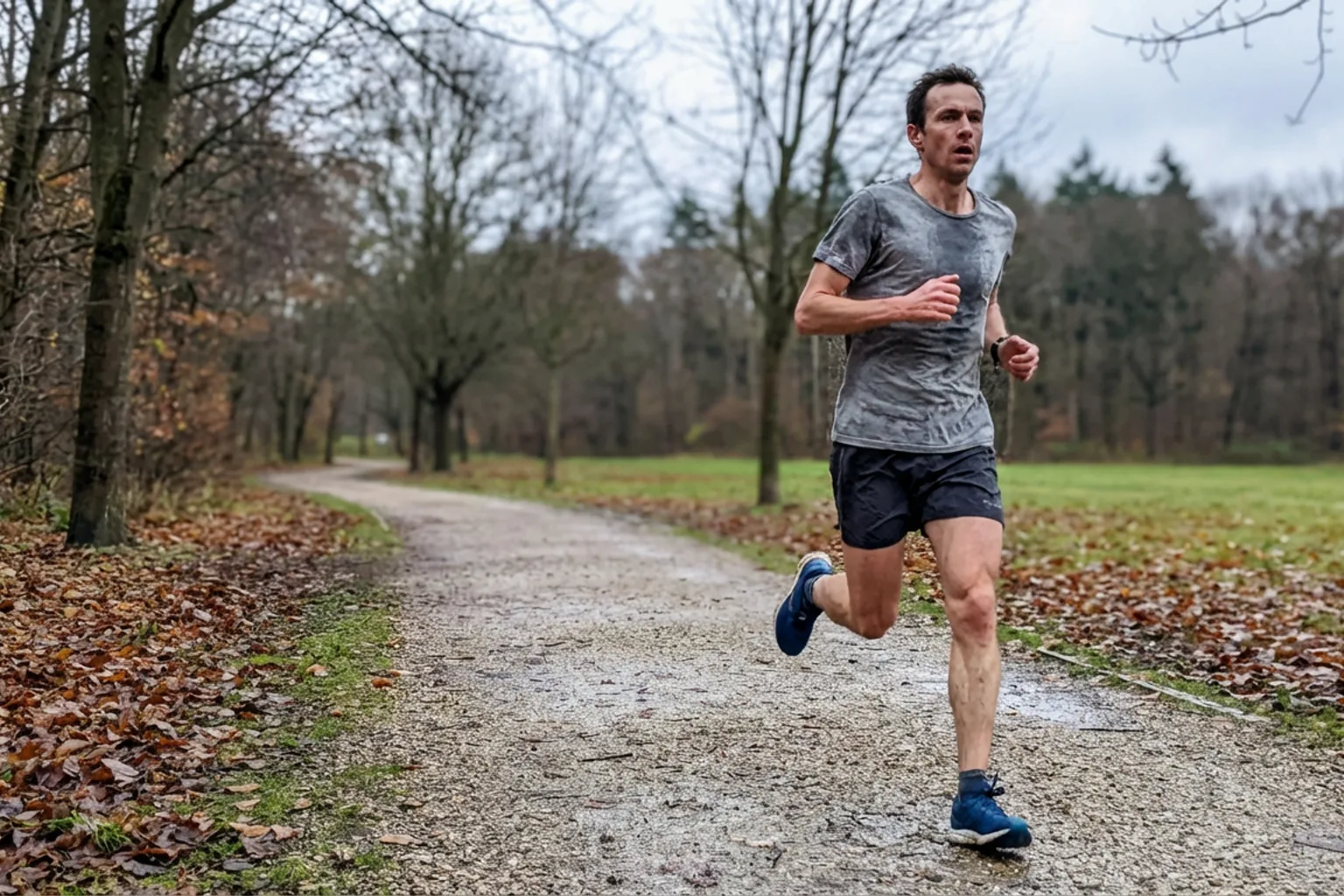 Candid iPhone photo of a lean male runner mid-stride on a quiet park path, overcast natural light, wearing everyday runn