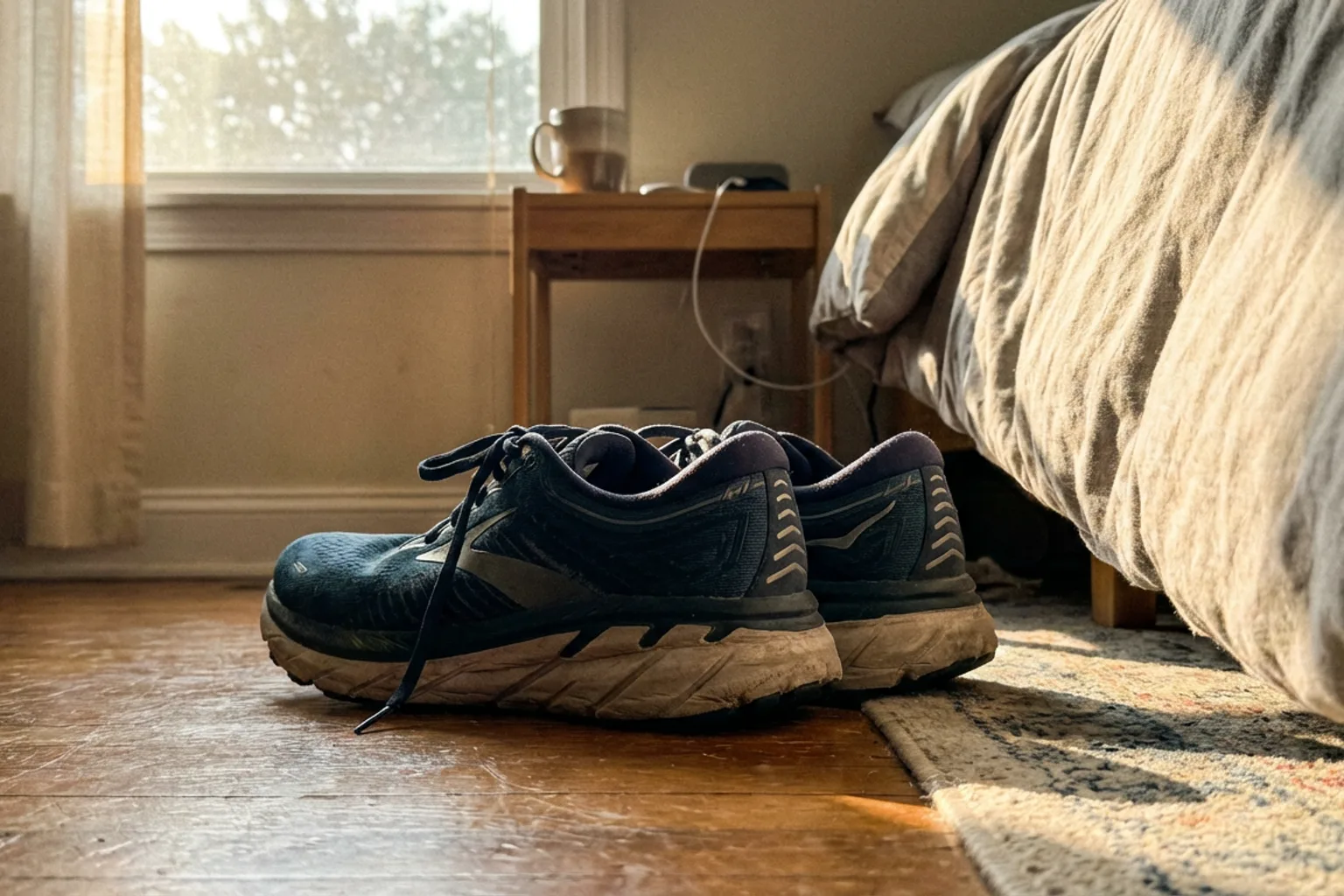 Candid iPhone photo of a runner's feet in supportive trainers on a wooden floor next to a bed, early morning light comin