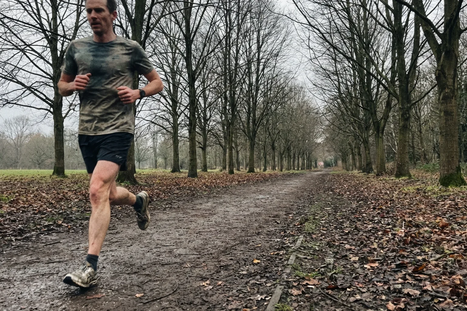 Candid iPhone photo of a lean male runner mid-stride on a park path, overcast British day, natural light, slightly off-c
