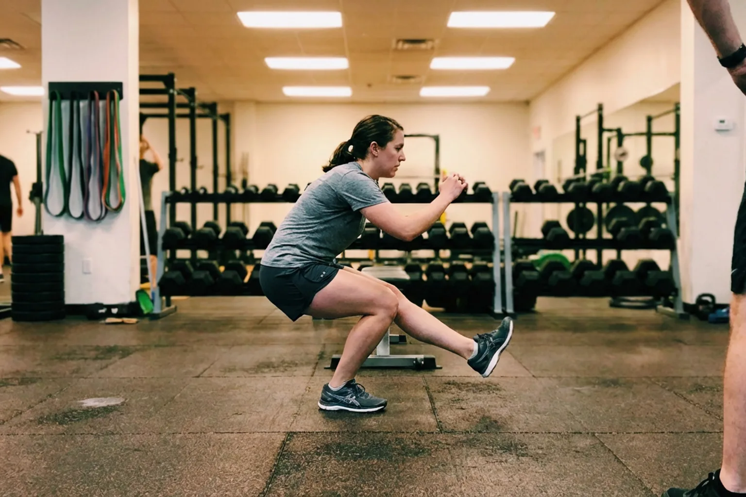 Candid iPhone photo of an athletic woman doing a single-leg squat on a gym floor, slightly off-centre framing, natural o