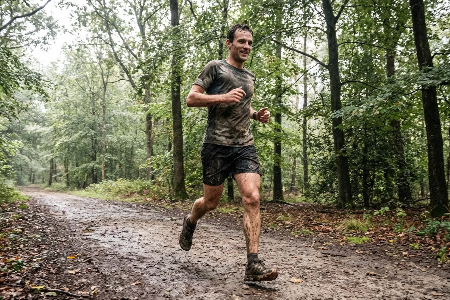Candid iPhone photo of a fit male runner on a forest trail, slightly muddy path, overcast light filtering through trees,