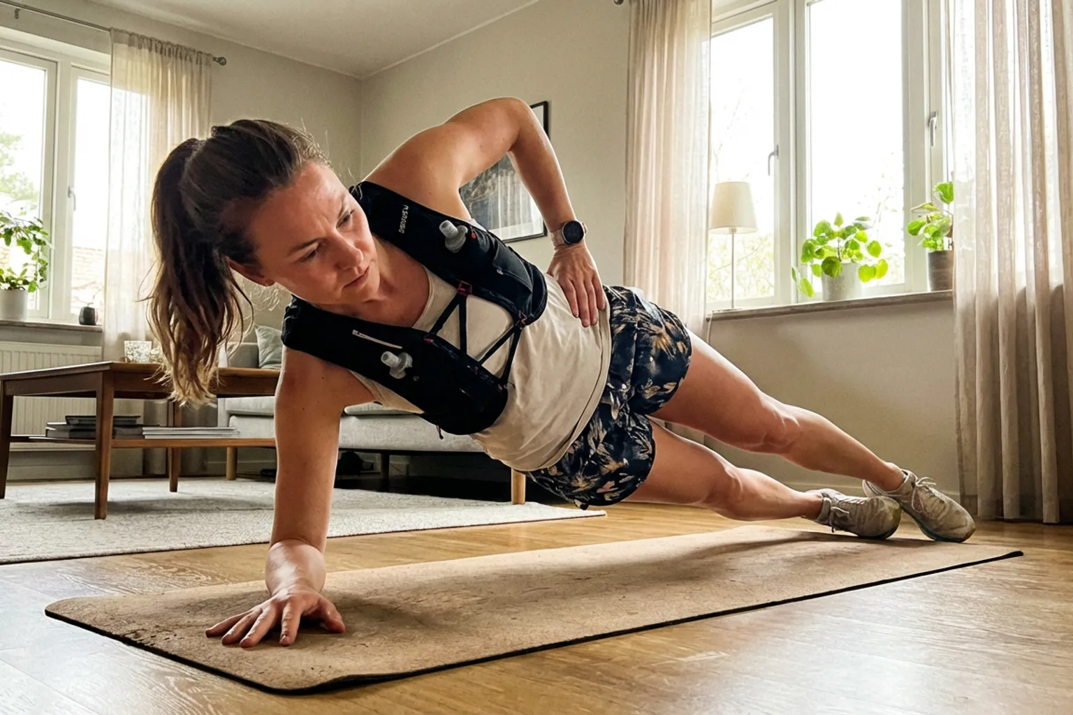 Candid iPhone photo of an athletic woman doing a side plank on a yoga mat in a bright living room, natural window light,