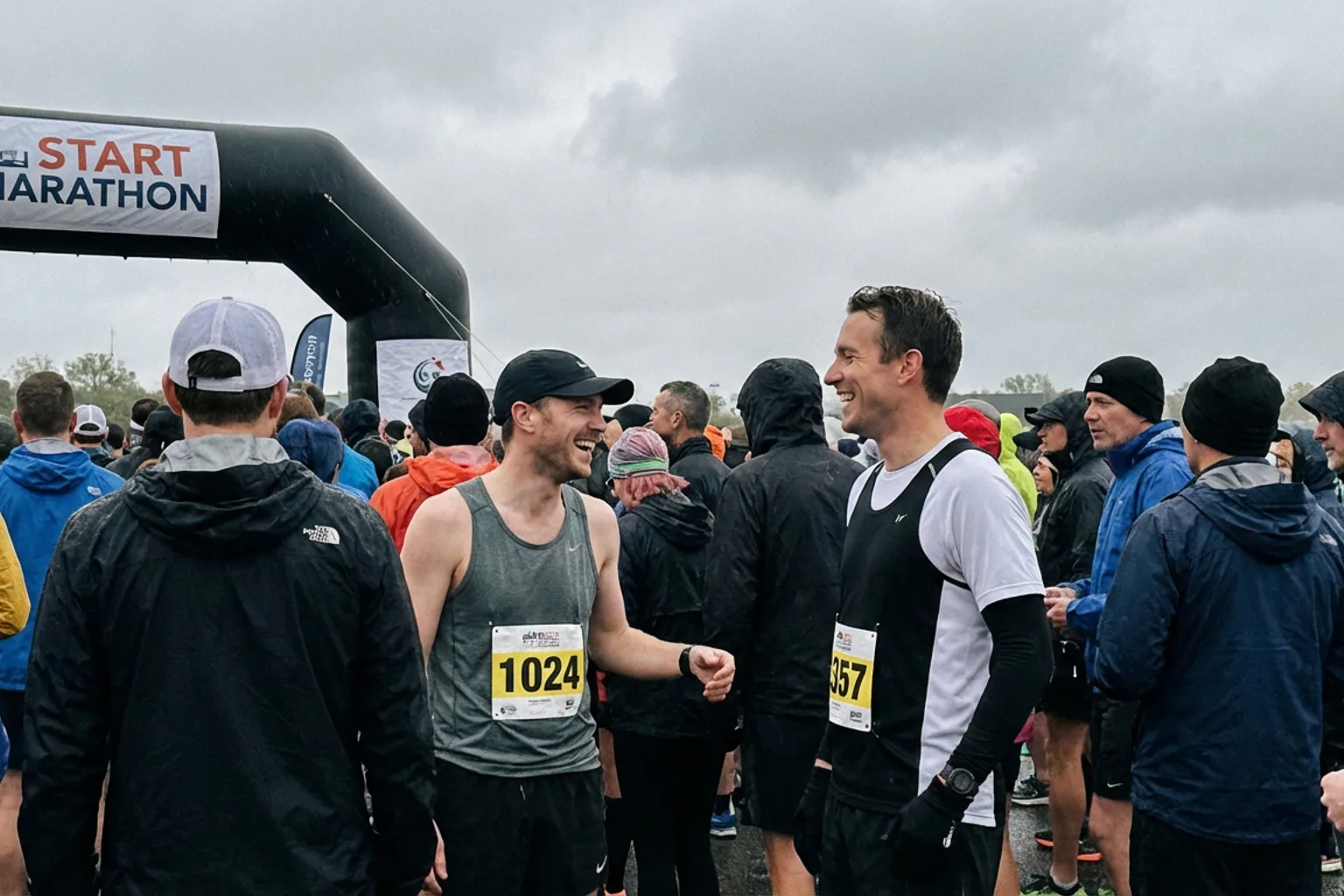 Candid iPhone photo of two athletic runners chatting at the start of a road race, overcast morning, wearing race numbers