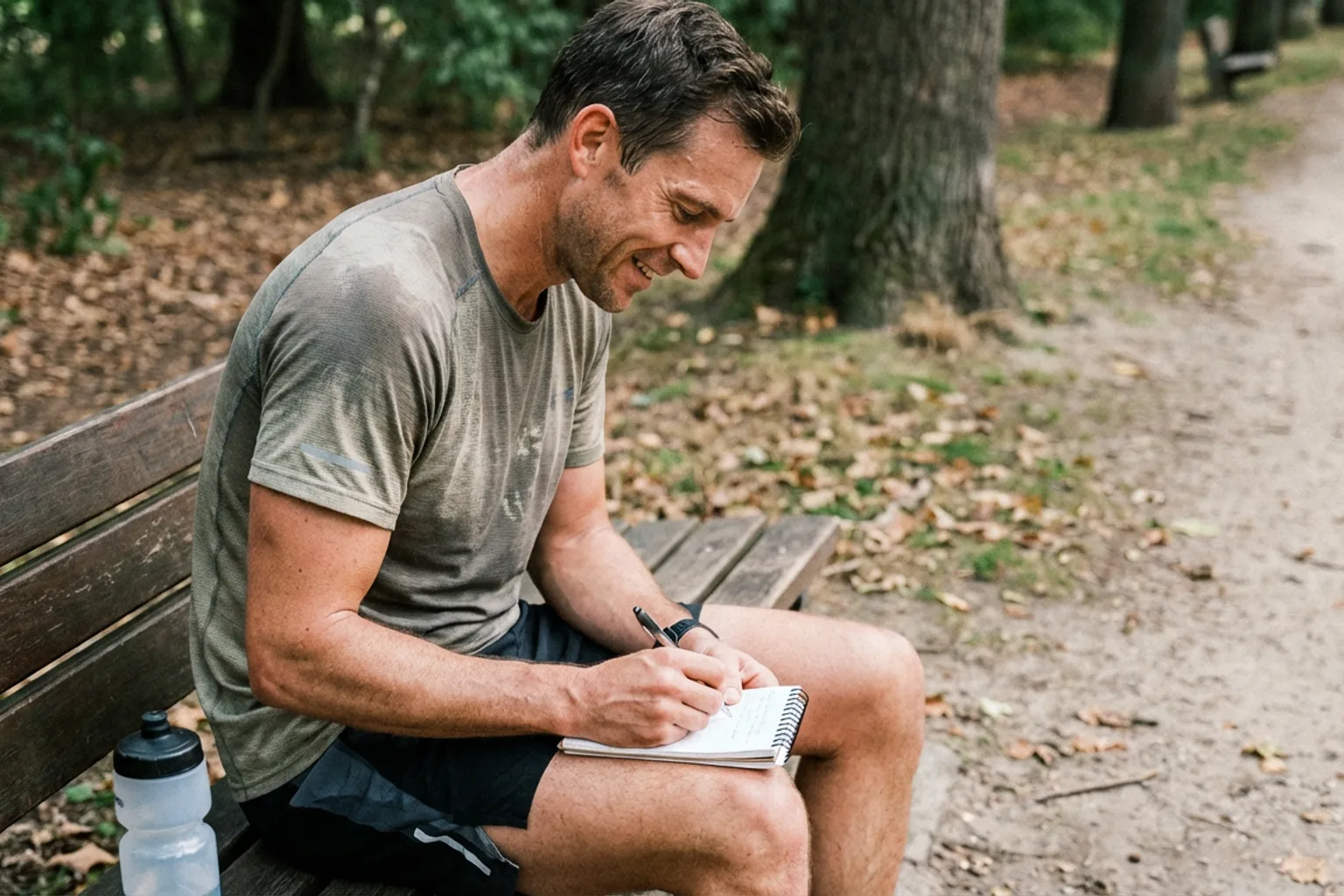 Candid iPhone photo of a fit male runner sitting on a park bench writing in a small training notebook after a run, natur
