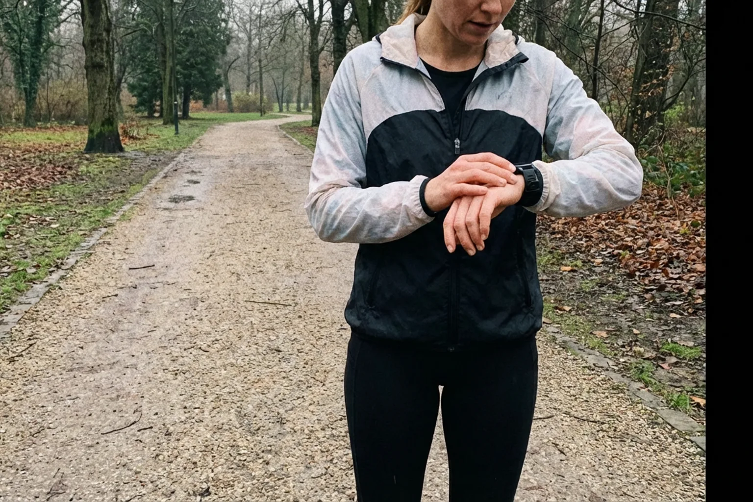 Candid iPhone photo of an athletic female runner checking her running watch on a gravel path, overcast daylight, casual 