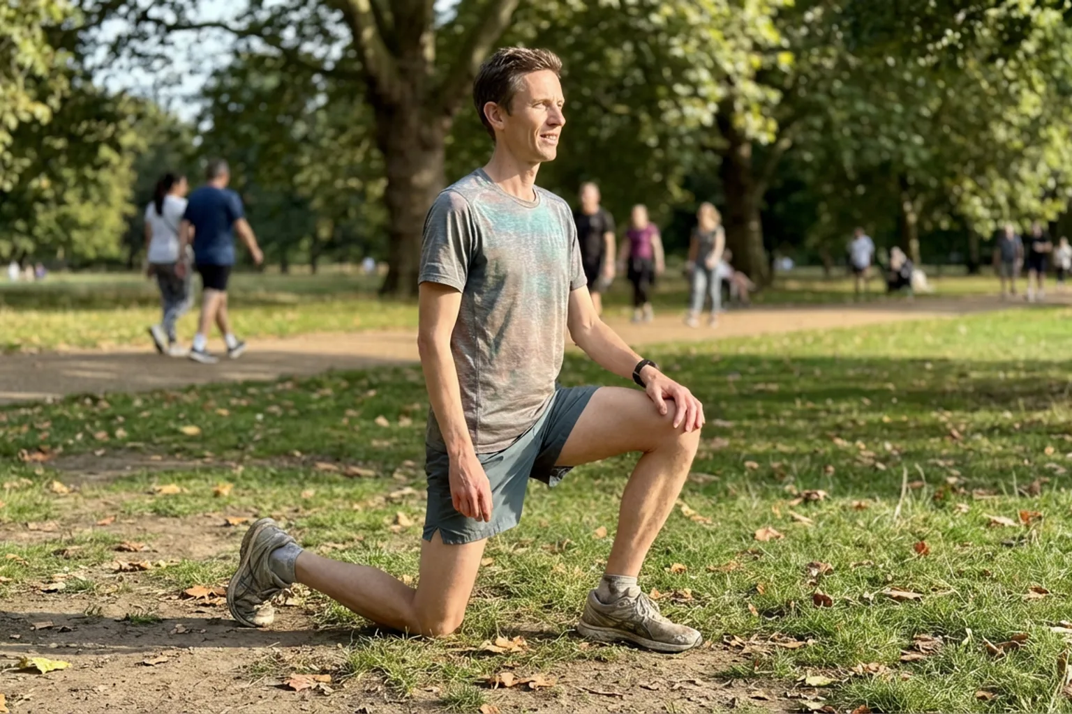 Candid iPhone photo of a lean runner doing a kneeling hip flexor stretch on a grass path in a park, casual running gear,